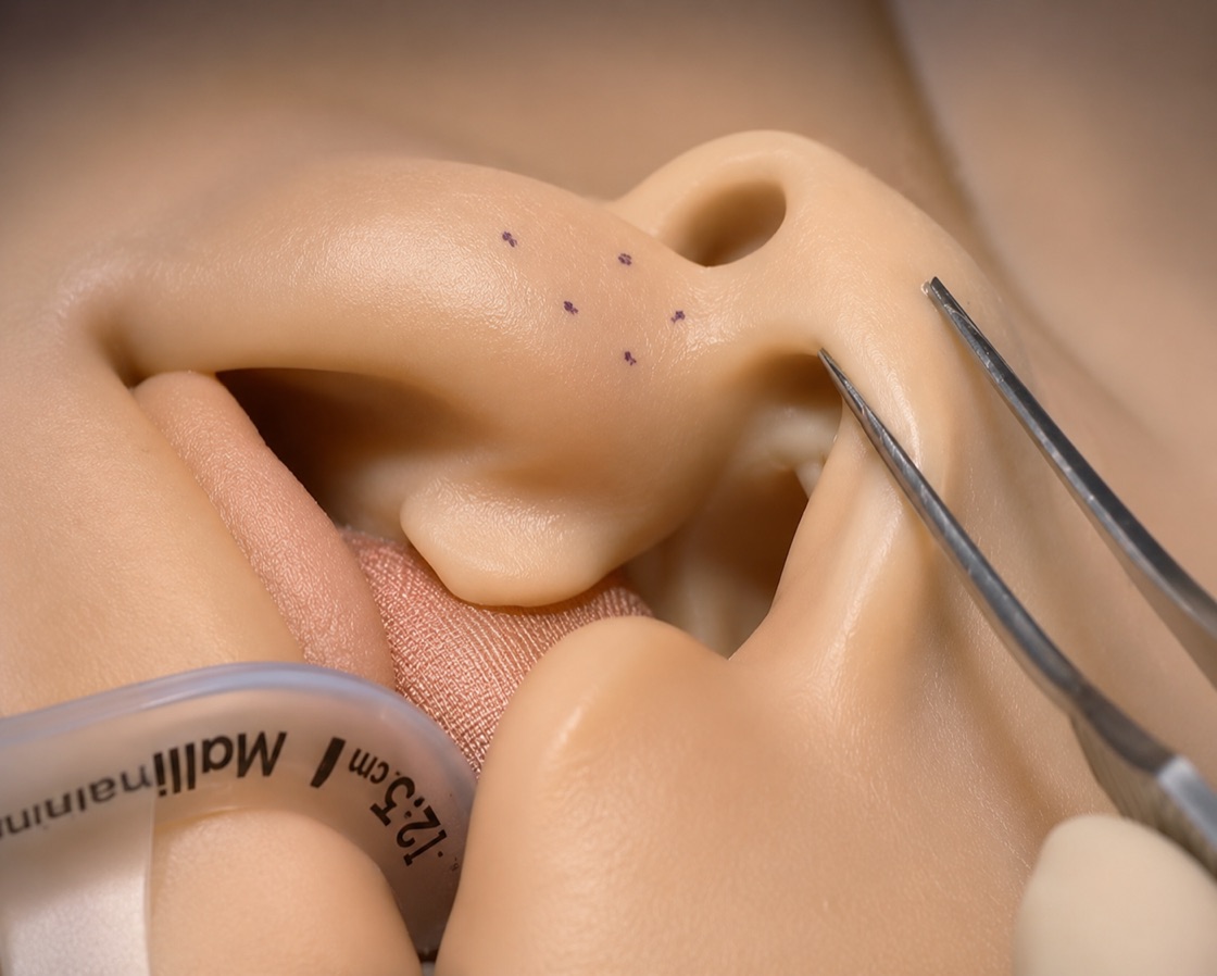 Cleft surgery simulation model with procedural markings and surgical instruments